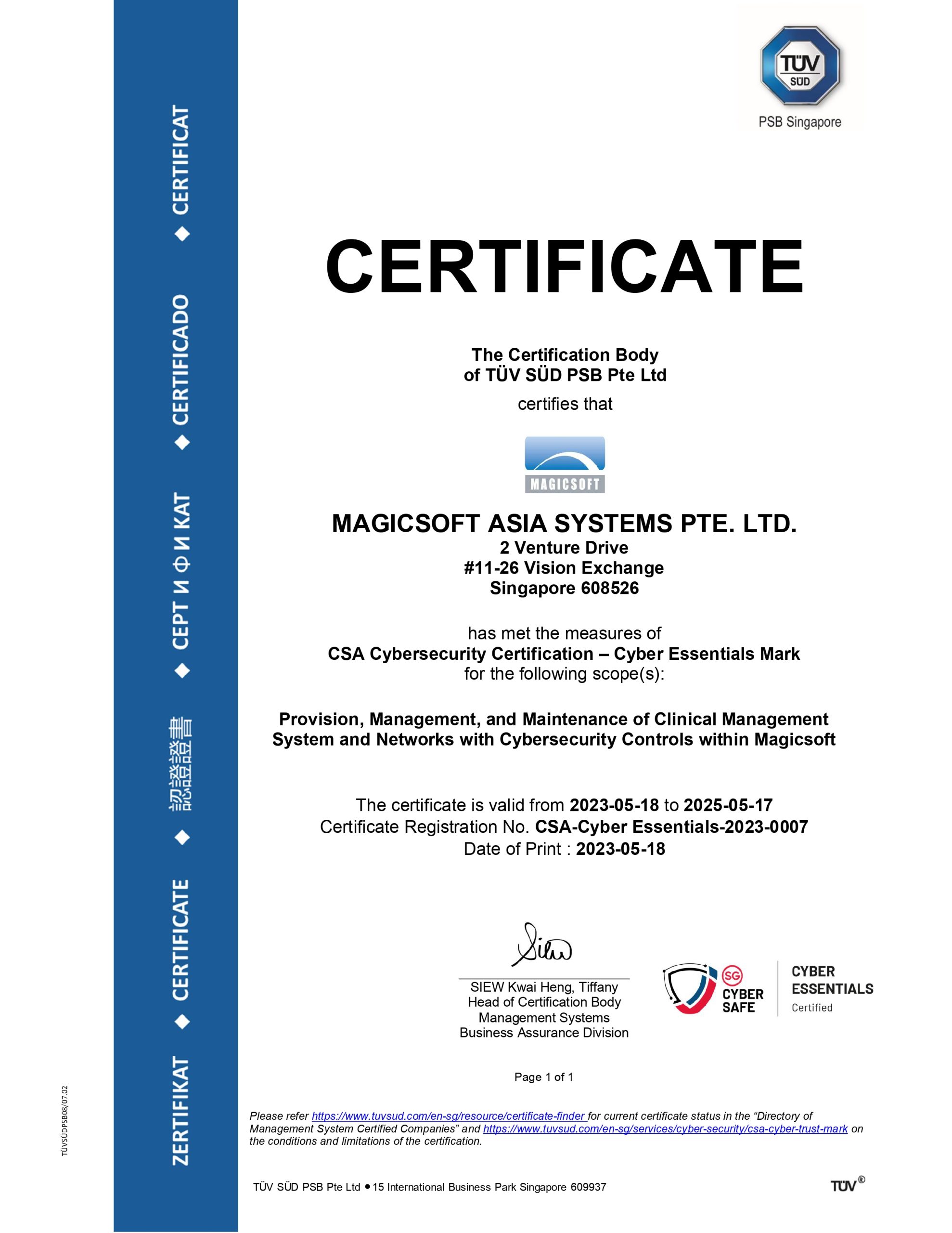 Magicsoft Asia System Cyber Security Certificate
