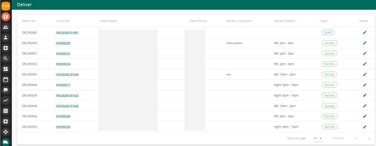 Medication Delivery module in Vanda Manager where users can view all delivery orders made